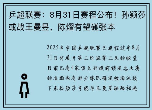 乒超联赛：8月31日赛程公布！孙颖莎或战王曼昱，陈熠有望碰张本